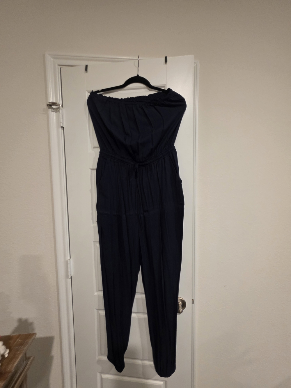 Strapless Navy Cropped Jumpsuit with Drawstring Waist